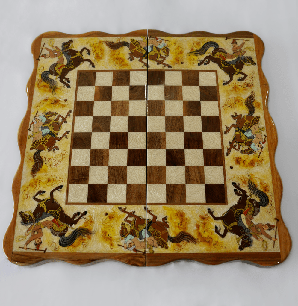 polo marquetry chess backgammon set – hand-painted edition showcasing intricate persian scenes and a classic checkered board.