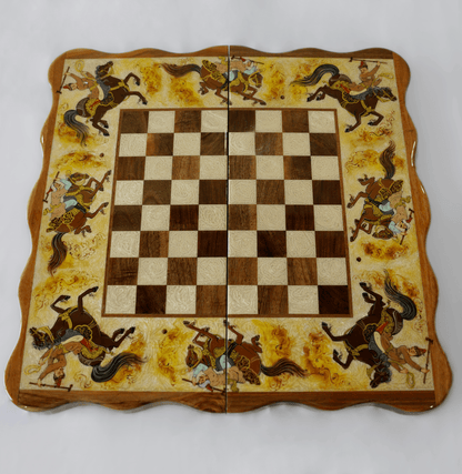 Polo Marquetry Chess Backgammon Set – Hand-Painted Edition showcasing intricate Persian scenes and a classic checkered board.