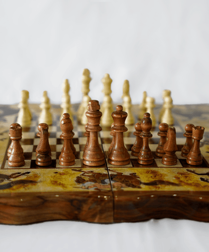 polo marquetry chess backgammon set featuring hand-painted chess pieces on an intricately designed board.