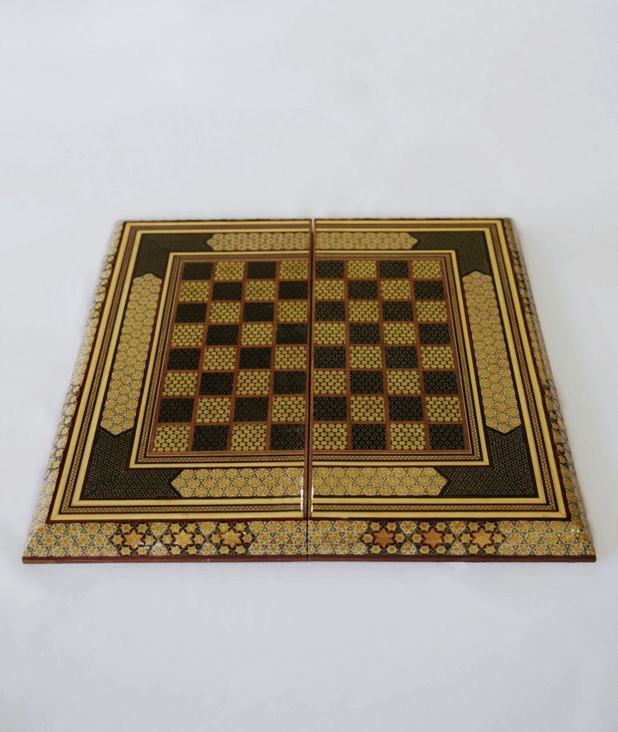Khatam Inlay Chess & Backgammon Set – Handmade | Pilardi displaying intricate marquetry and reversible design.
