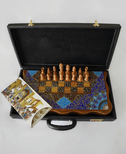 Tazhib marquetry chess and backgammon set displayed in an open black case with intricate art.