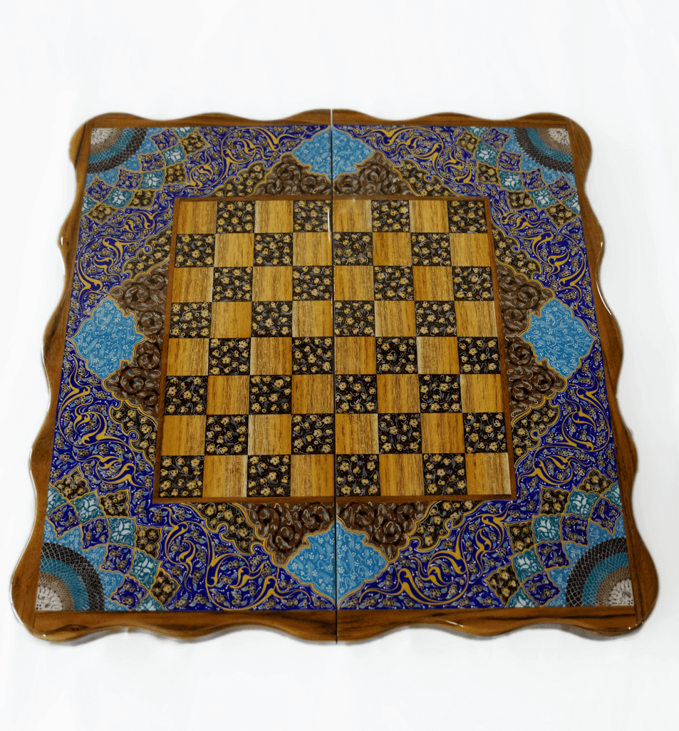 tazhib marquetry chess and backgammon set with intricate hand-painted design and reversible wooden surface.