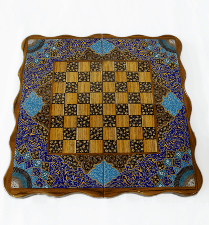 tazhib marquetry chess and backgammon set with intricate hand-painted design and reversible wooden surface.