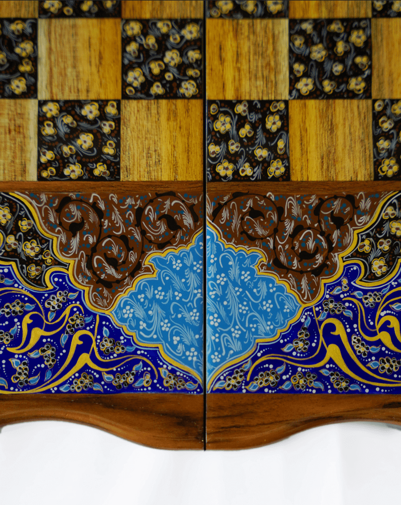 tazhib marquetry chess and backgammon set design featuring intricate hand-painted art and wooden detailing.