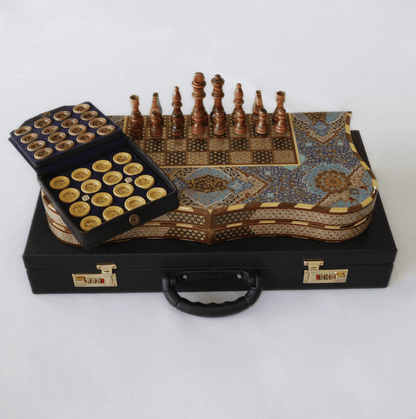 Hand-painted chess and backgammon set featuring a decorative reversible board by Pilardi Atelier.