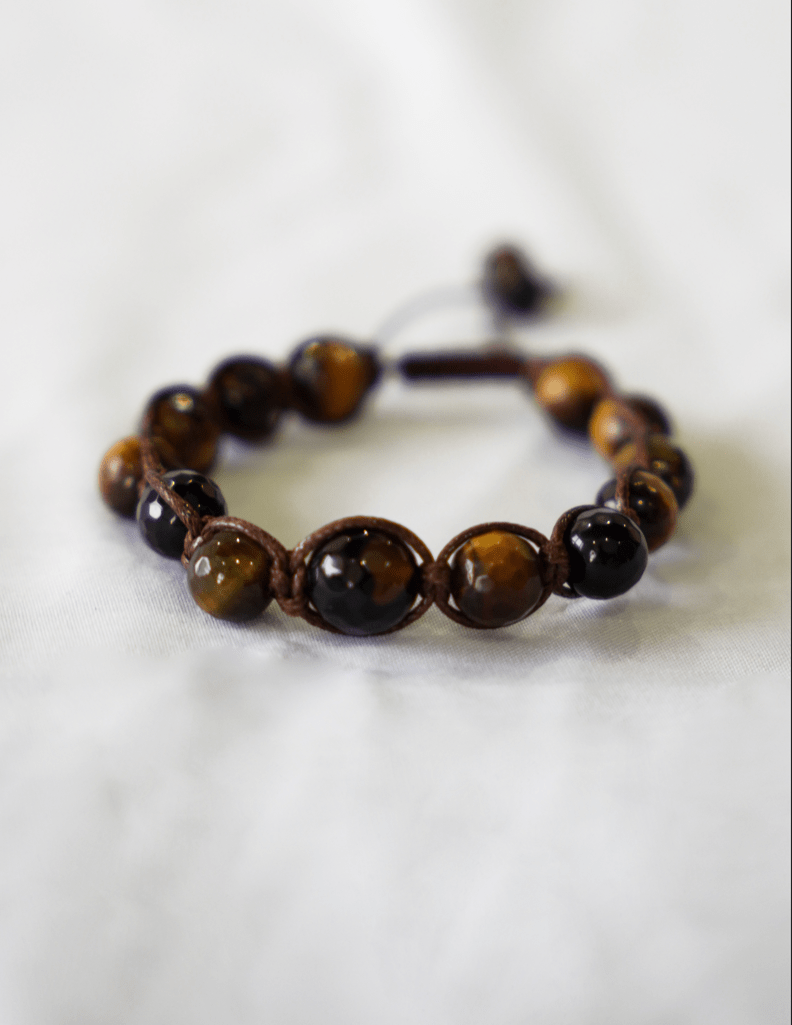tiger's eye macrame bracelet with natural gemstone beads, hand-braided by pilardi.