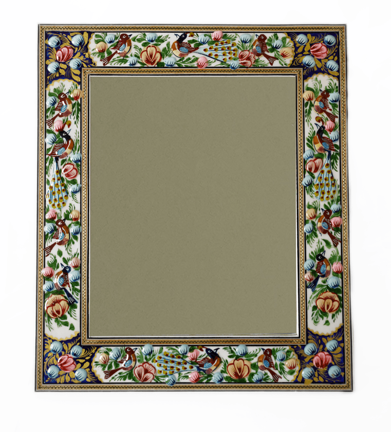 hand-painted enamel wall mirror with intricate bird and floral frame by pilardi.