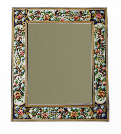 Hand-painted enamel wall mirror with intricate bird and floral frame by Pilardi.