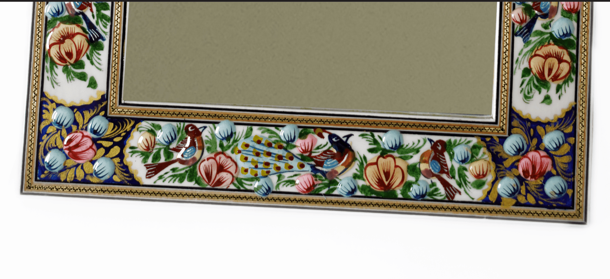 Hand-painted enamel wall mirror with intricate bird and floral frame design by Pilardi.