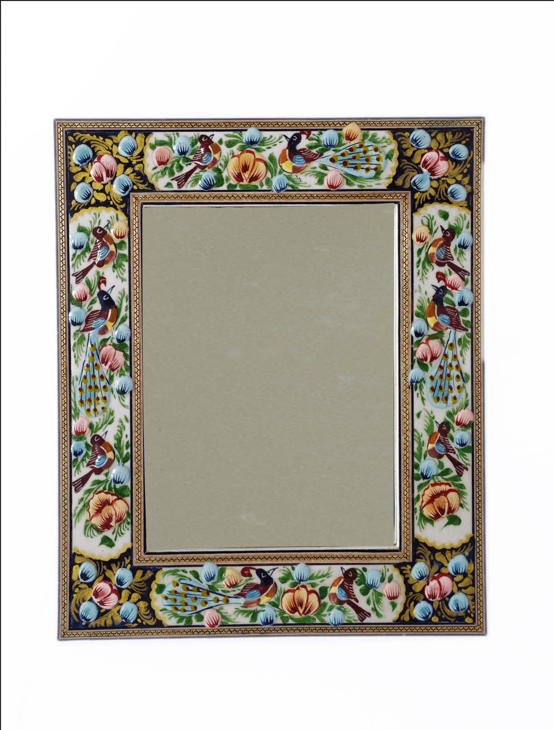 Hand-painted relief enamel mirror featuring a Bird & Bloom design with raised relief and colorful floral accents.