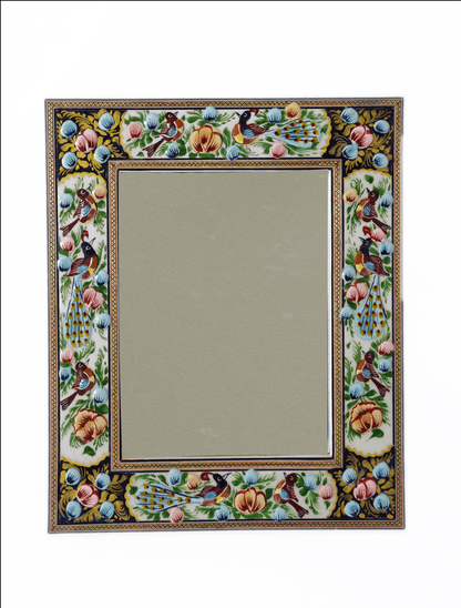 Hand-painted relief enamel mirror featuring a Bird & Bloom design with raised relief and colorful floral accents.