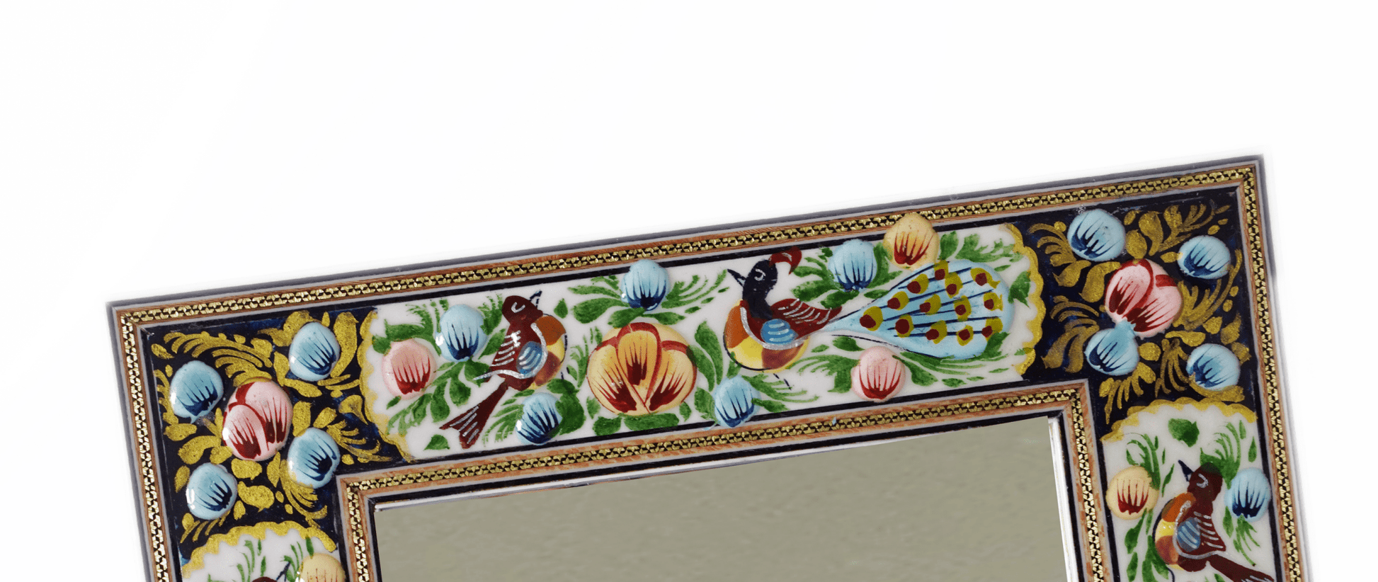 Hand-painted relief enamel mirror with vibrant bird and bloom design, showcasing intricate texture and color.