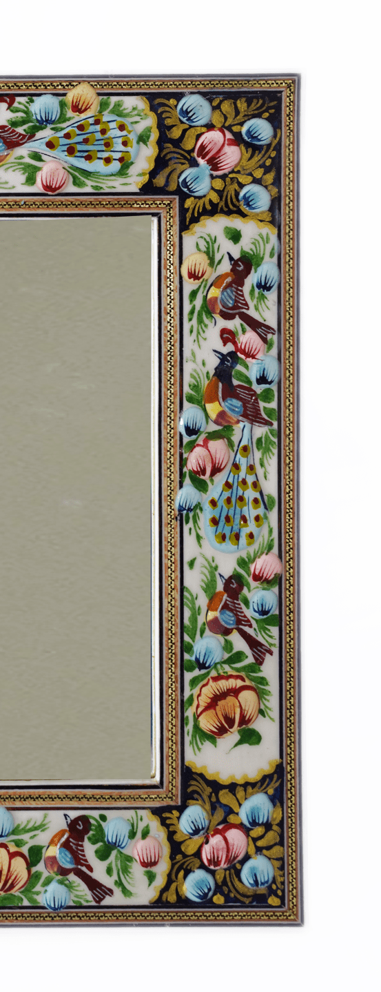 hand-painted relief enamel mirror featuring a bird & bloom design with vibrant colors and detailed textures.