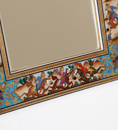 Hand-Painted Polo Scene Mirror – Turquoise 33.5×28 cm showcasing vibrant figures and horses in motion.