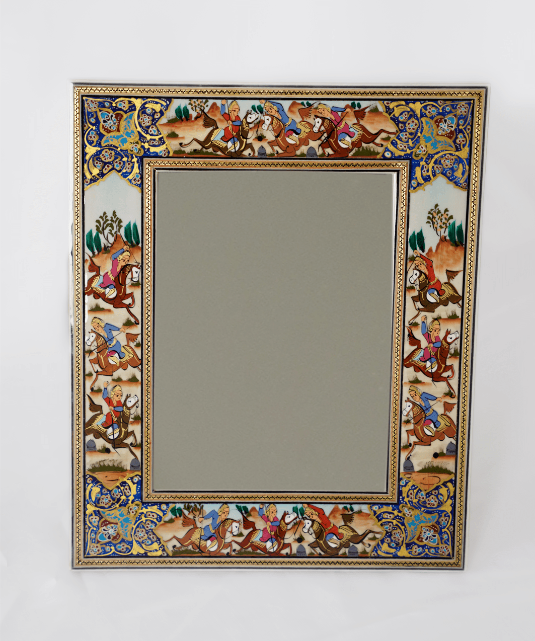 Hand-Painted Polo Scene Mirror – Indigo 33.5×28 cm with ornate frame and dynamic polo scene.