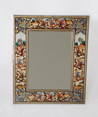 Hand-Painted Polo Scene Mirror – Indigo 33.5×28 cm with ornate frame and dynamic polo scene.