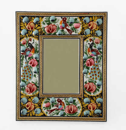 Hand-Painted Relief Enamel Mirror – Bird & Bloom with vibrant floral and bird designs.