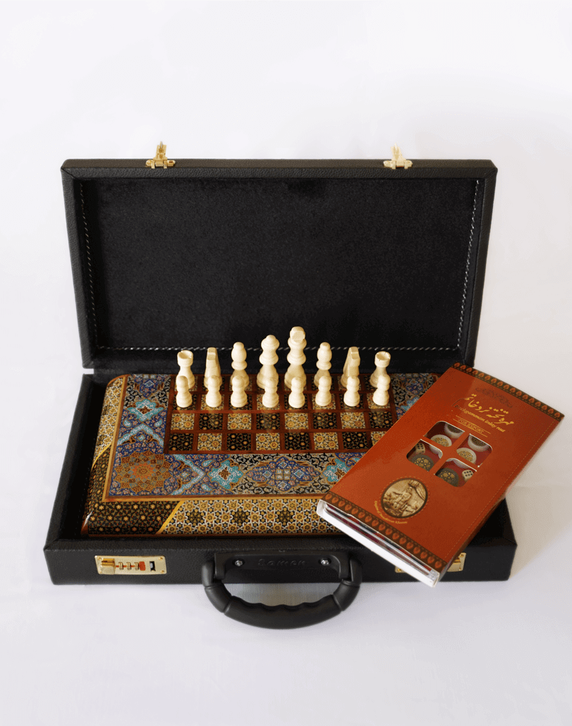 tazhib chess & backgammon compact chess and backgammon set with decorative case and pieces by pilardi atelier.