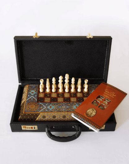 Tazhib Chess & Backgammon compact chess and backgammon set with decorative case and pieces by Pilardi Atelier.