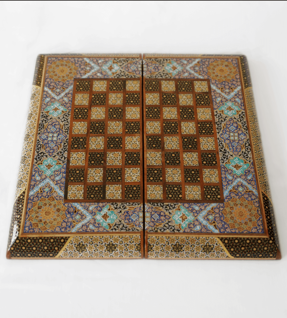 compact chess and backgammon set featuring intricate khatam marquetry and tazhib-inspired design.