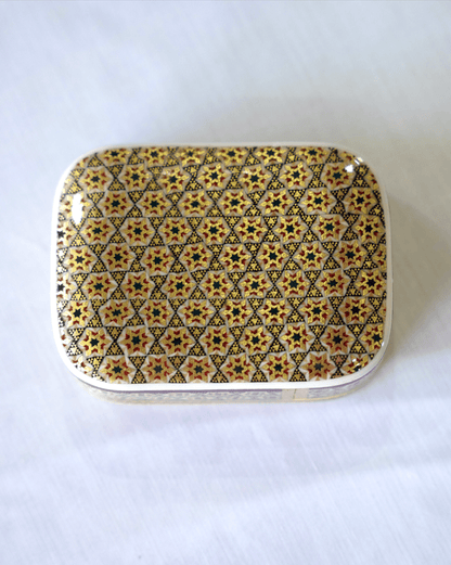 Handmade wooden keepsake box with traditional Khatam marquetry design, finished with a shiny protective resin layer.