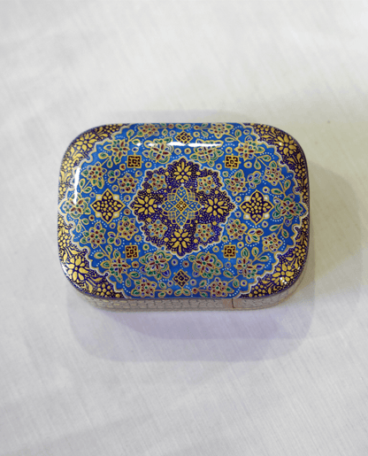 Handmade wooden keepsake box featuring intricate hand-painted miniature artwork and vibrant colors.