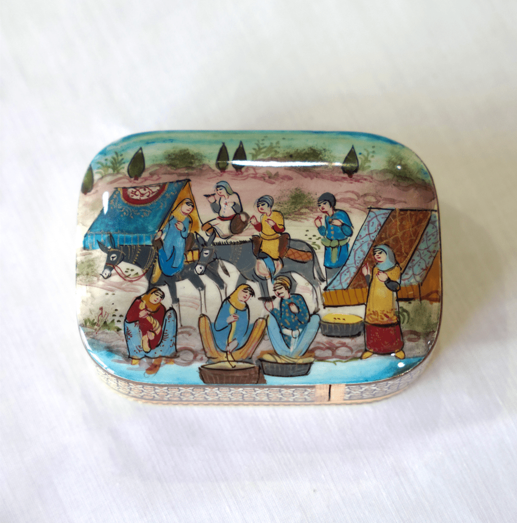 handmade wooden trinket box featuring colorful hand-painted artwork from the passori collection.
