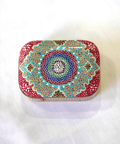 Handmade wooden trinket box featuring vibrant mandala artwork with intricate detailing in the Rangin design.
