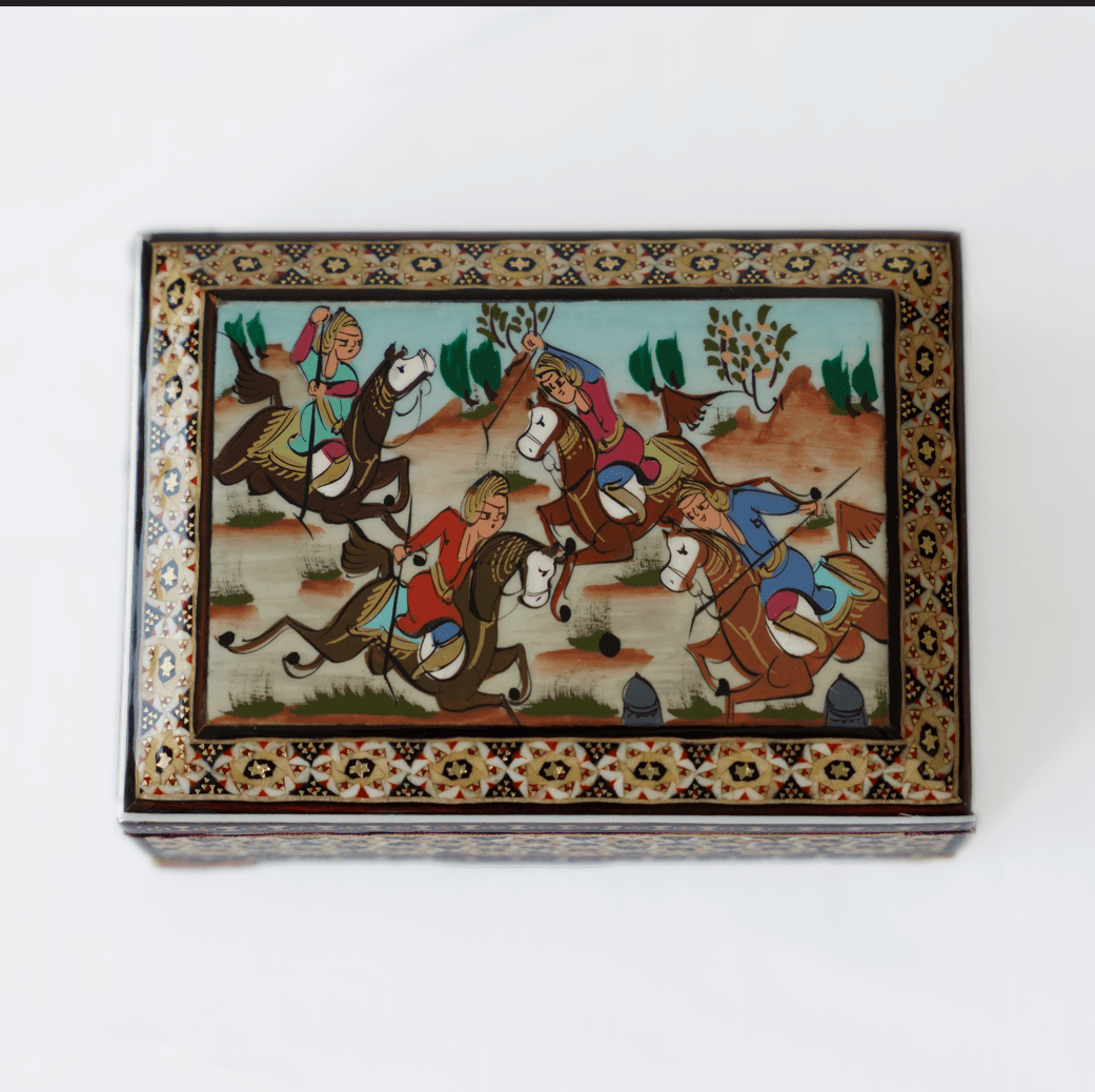 handmade wooden jewelry box featuring a hand-painted polo scene with polo riders and traditional marquetry.