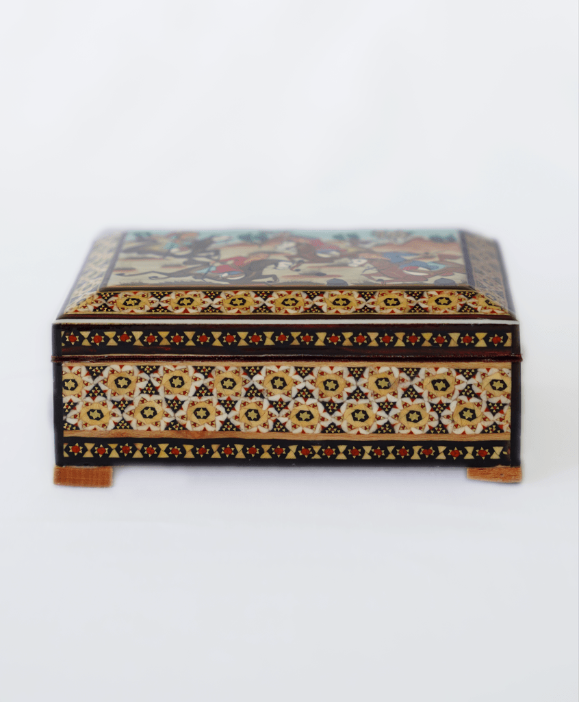 handmade wooden jewelry box featuring intricate marquetry and a hand-painted polo scene.