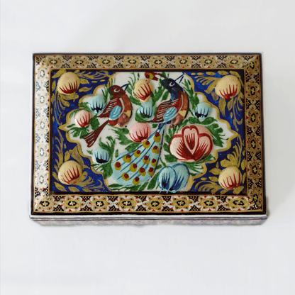 Handmade wooden jewelry box featuring hand-painted birds and flowers, showcasing textured details and vibrant colors.