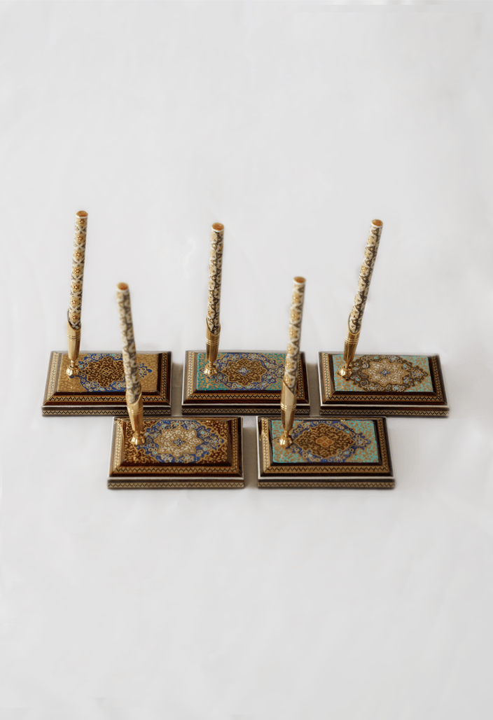 hand-painted desk pen stand featuring intricate khatam marquetry and tazhib motifs, perfect for collectible writing accessory.