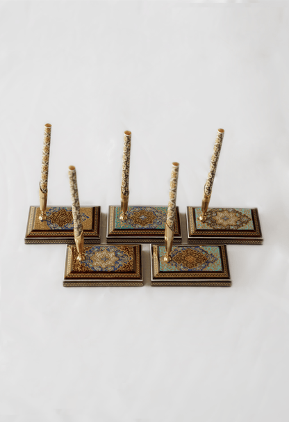 Hand-painted desk pen stand featuring intricate khatam marquetry and tazhib motifs, perfect for collectible writing accessory.