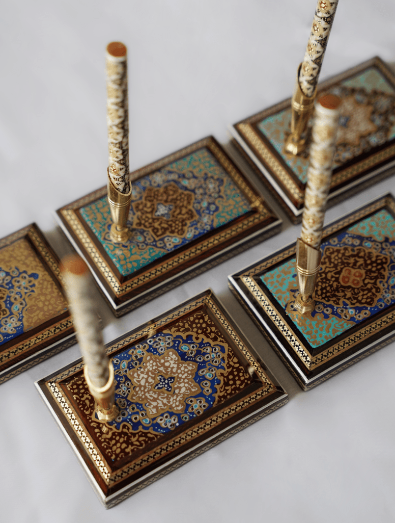 Hand-Painted Desk Pen Stand showcasing intricate tazhib motifs and khatam marquetry, perfect for collectors.
