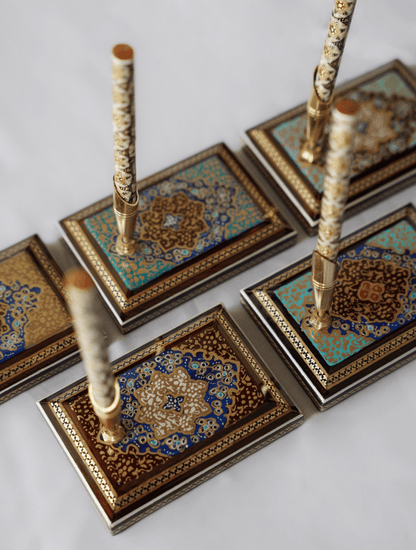Hand-Painted Desk Pen Stand showcasing intricate tazhib motifs and khatam marquetry, perfect for collectors.