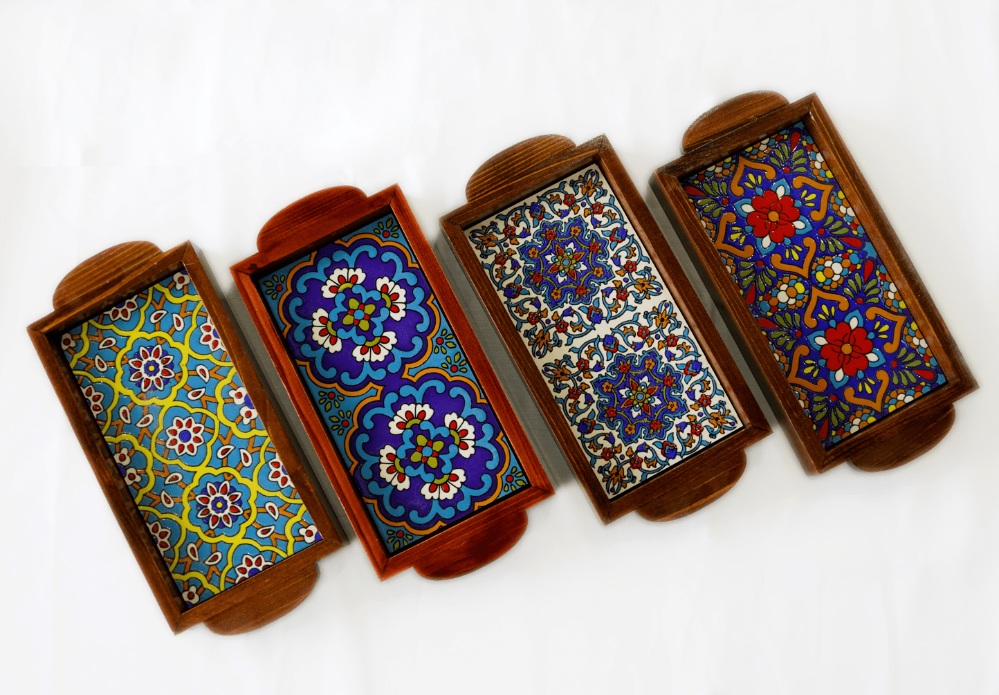 hand-painted decorative tray set featuring intricate miniature art patterns in vibrant colors.