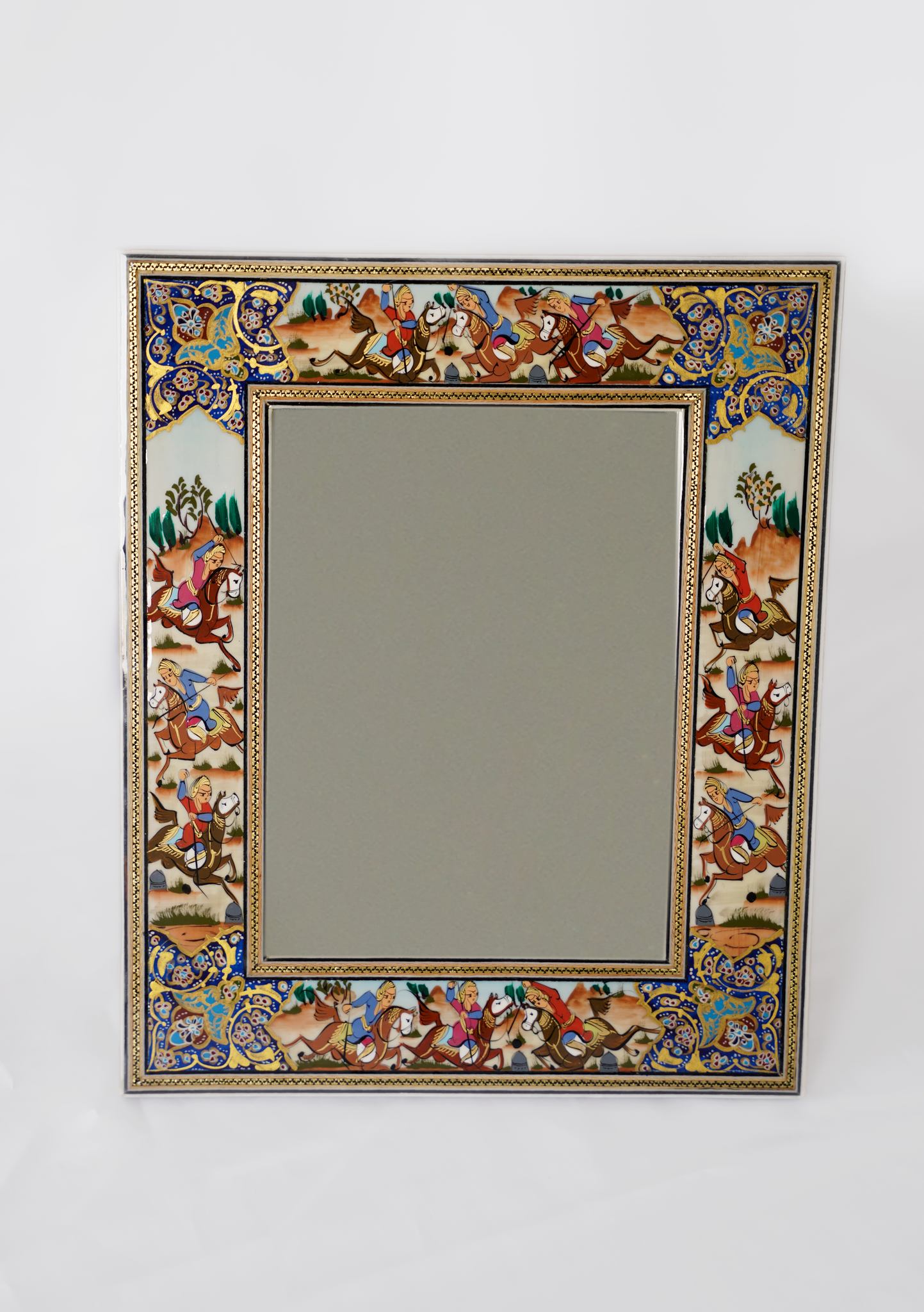 Hand-Painted Polo Scene Mirror – Indigo (33.5×28 cm) – Luxury Handcrafted Art by Pilardi
