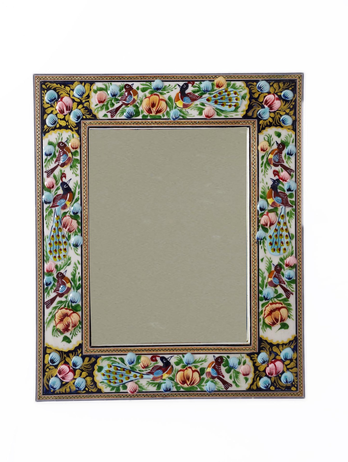 hand-painted relief mirror – bird & bloom blue (34×28 cm) – luxury handcrafted art by pilardi