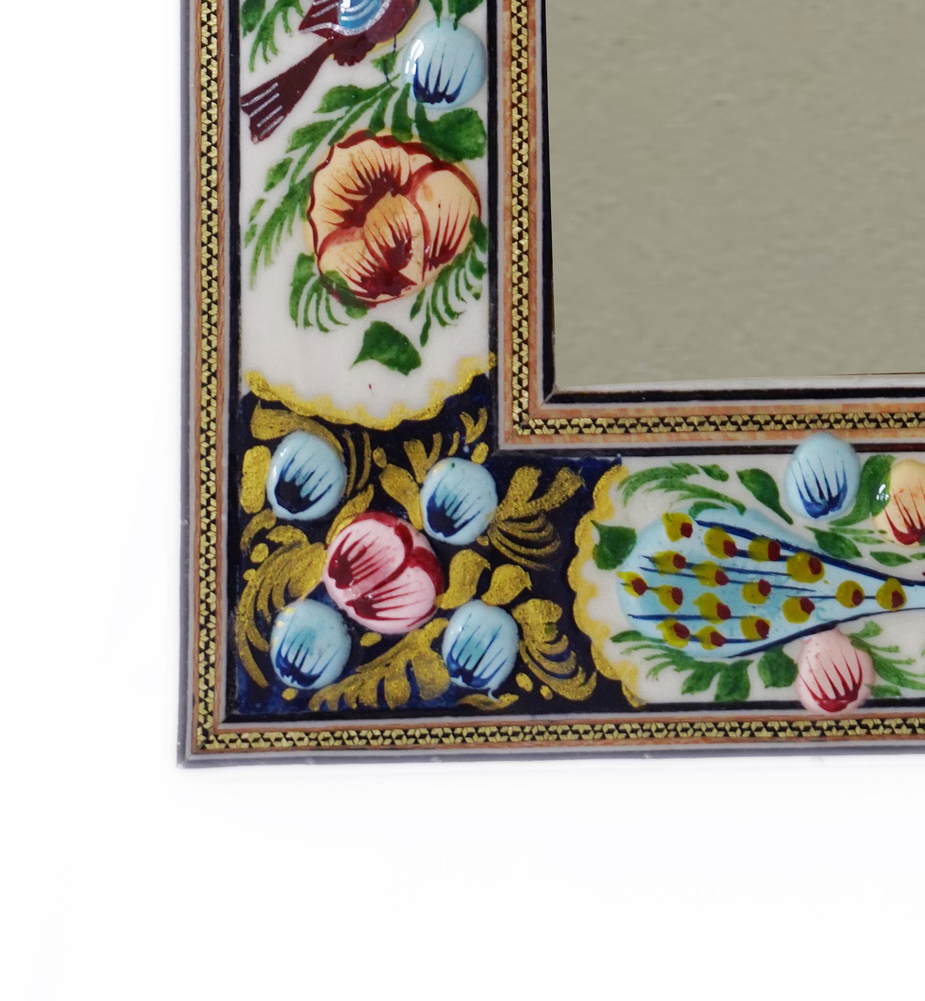 Hand-Painted Relief Mirror – Bird & Bloom Blue (34×28 cm) – Luxury Handcrafted Art by Pilardi