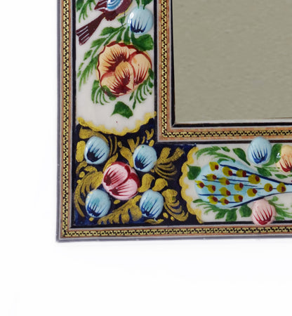 Hand-Painted Relief Mirror – Bird & Bloom Blue (34×28 cm) – Luxury Handcrafted Art by Pilardi