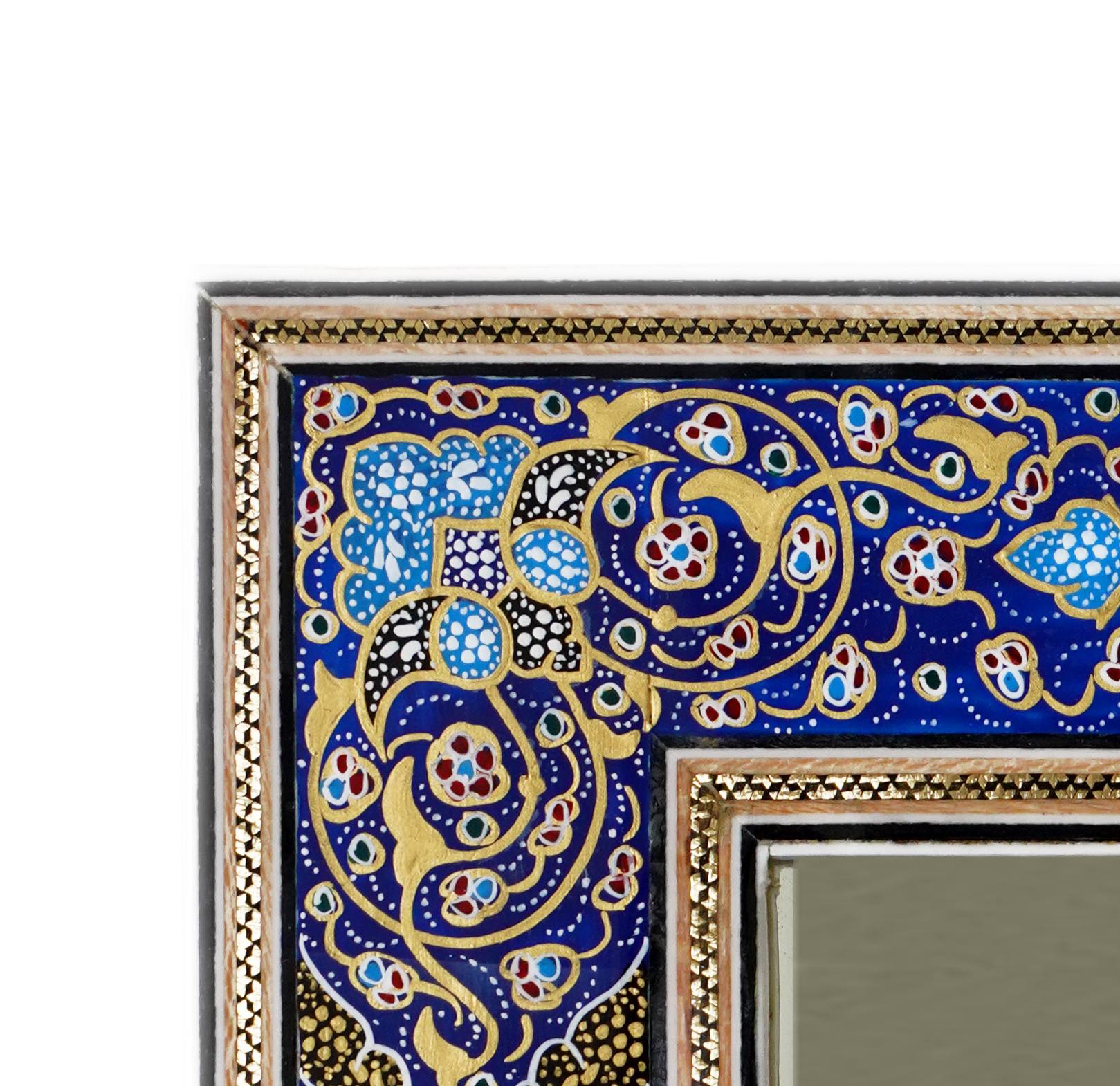Hand-Painted Tazhib Mirror – Indigo (40.5 × 34.5 cm) – Luxury Handcrafted Art by Pilardi