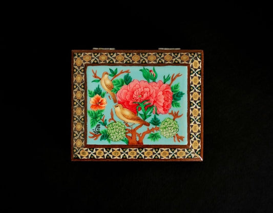 Golshan – Hand-Painted Jewelry Box with Bird and Floral Motif, Khatamkari Frame, Velvet Interio