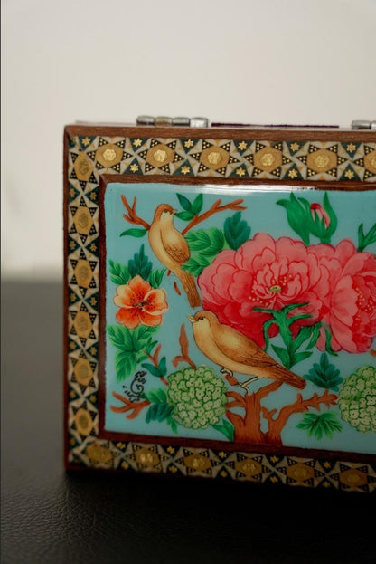 Golshan – Hand-Painted Jewelry Box with Bird and Floral Motif, Khatamkari Frame, Velvet Interio