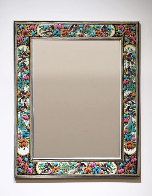 Hand-Painted Mirror with Relief Enamel Frame – Bird & Bloom Design (50×40.5 cm) Blue and Pink flowers