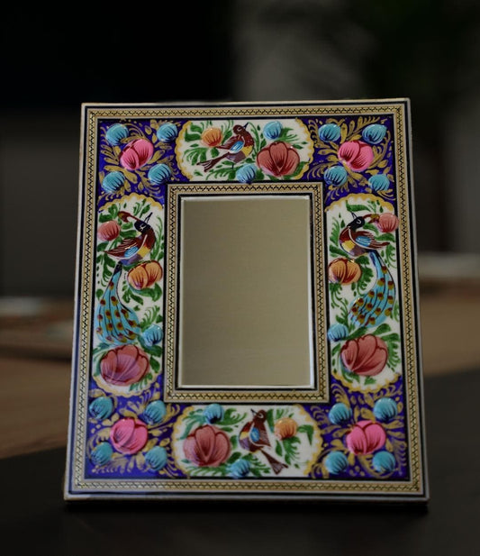 Hand-Painted Mirror with Relief Enamel Frame – Bird & Bloom Design- Blue flowers (23×19 cm)