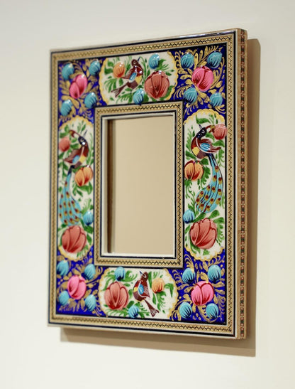 Hand-Painted Mirror with Relief Enamel Frame – Bird & Bloom Design- Blue flowers (23×19 cm)