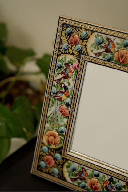 Hand-Painted Mirror with Relief Enamel Frame – Bird & Bloom Design- Light Blue flowers (23×19 cm)