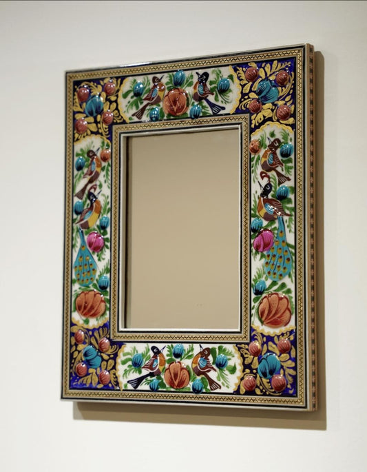 Hand-Painted Mirror with Relief Enamel Frame – Bird & Bloom Design (28×23 cm) Pink flowers