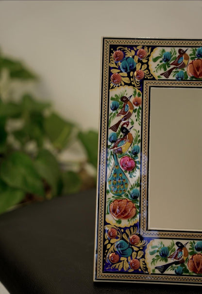 Hand-Painted Mirror with Relief Enamel Frame – Bird & Bloom Design (28×23 cm) Pink flowers