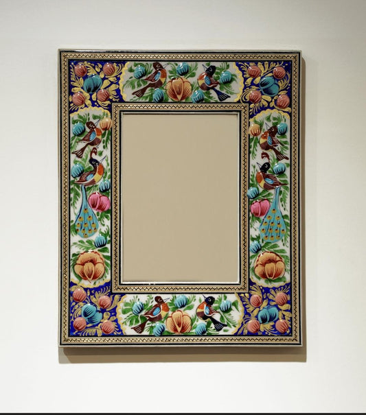 Hand-Painted Mirror with Relief Enamel Frame – Bird & Bloom Design (28×23 cm) Orange lotus